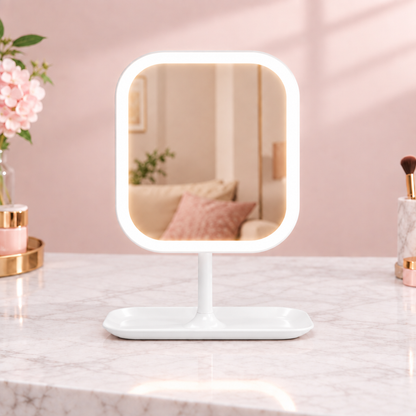 White rechargeable LED makeup mirror on a marble vanity