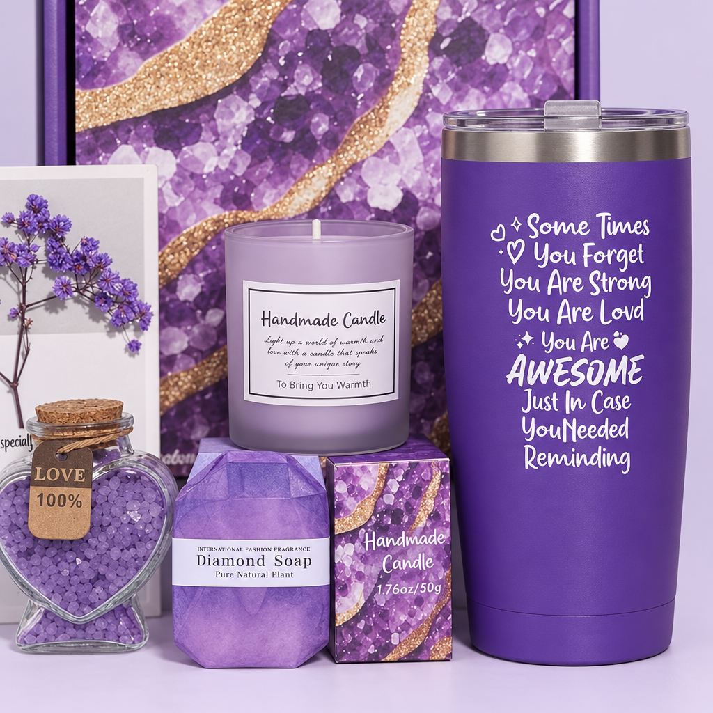 Illustrative detail view of purple gift-set tumbler and candle