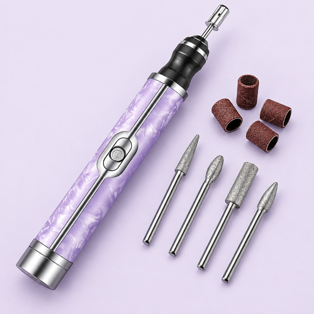 Illustrative close-up of purple nail polisher and attachments