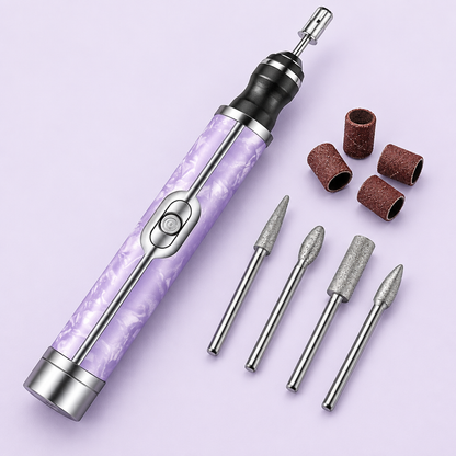 Illustrative close-up of purple nail polisher and attachments