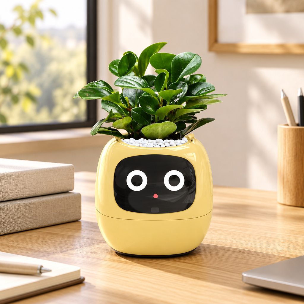 Illustrative yellow digital-face planter on a home-office desk; plant shown for styling
