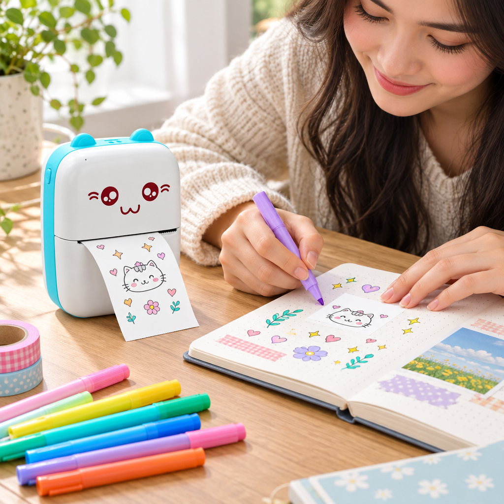 Woman decorating her journal with a printed strip